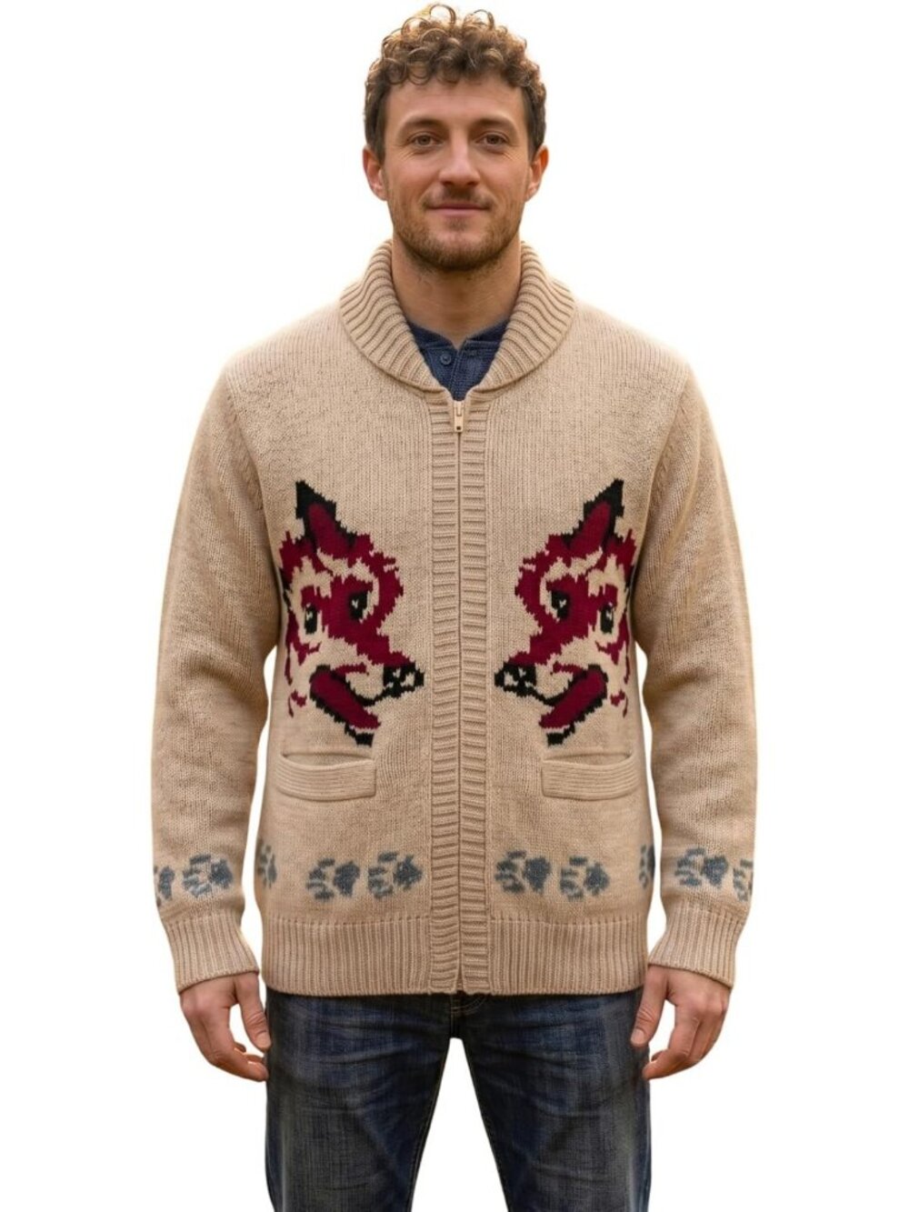 Vintage 1950s Retro Wolf Knit Cardigan - Cozy Jacquard Wool Blend Sweater